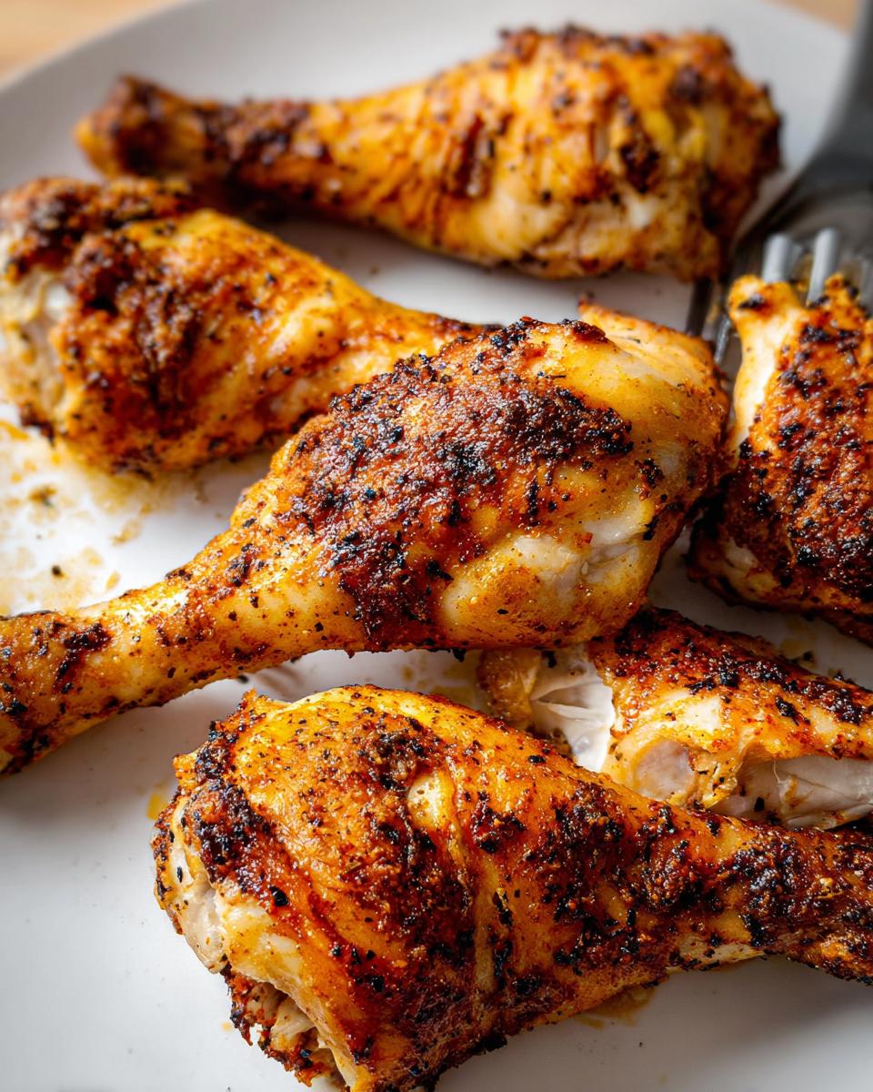 Close-up of several golden brown, seasoned Crispy Oven Baked Chicken Drumsticks served on a white plate.