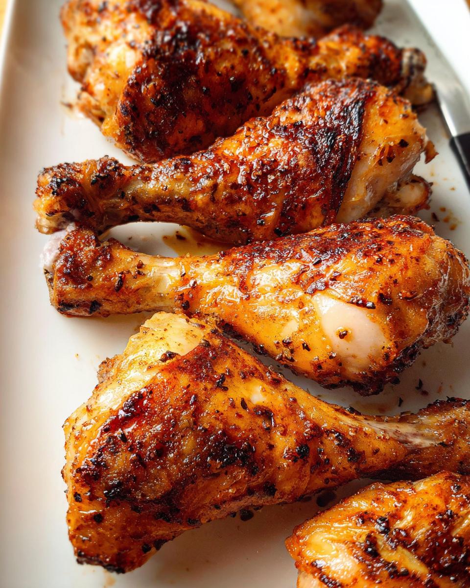 A close-up of several perfectly seasoned and crispy oven baked chicken drumsticks resting on a white platter.