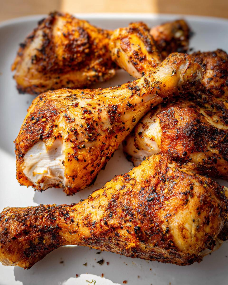 Close-up of several perfectly seasoned Crispy Oven Baked Chicken Drumsticks with golden-brown, spiced skin.