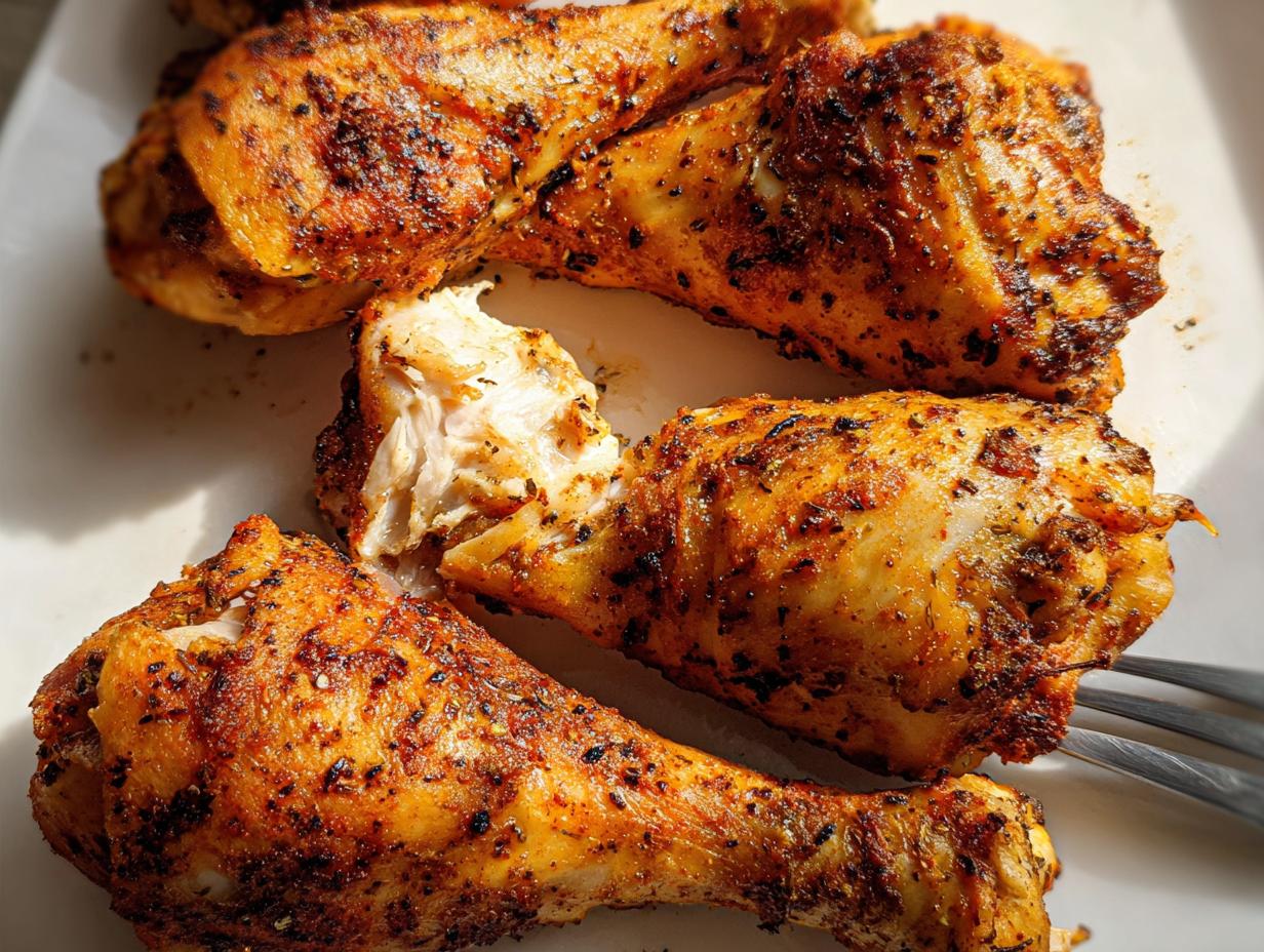 Close-up of perfectly seasoned and baked Crispy Oven Baked Chicken Drumsticks on a white plate, one piece pulled apart showing moist interior.