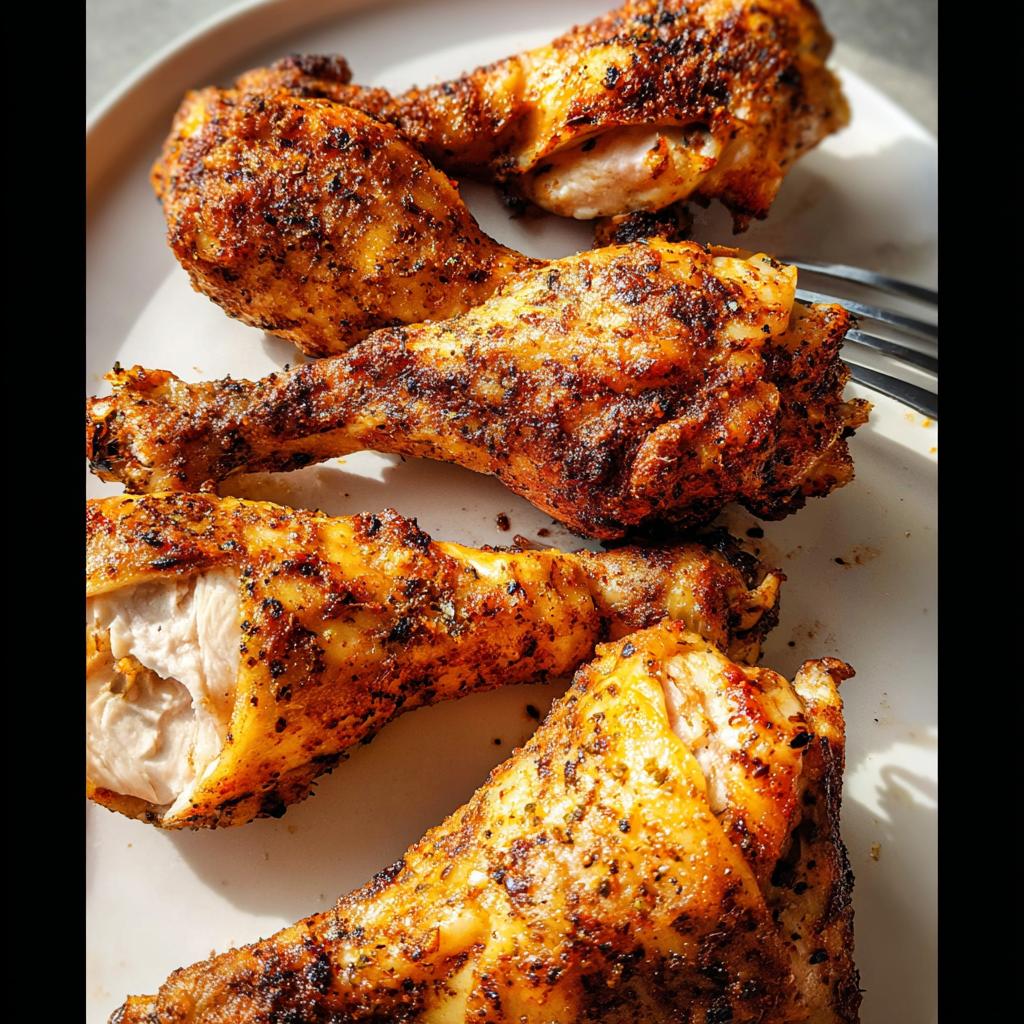 Four golden brown, seasoned Crispy Oven Baked Chicken Drumsticks resting on a white plate.