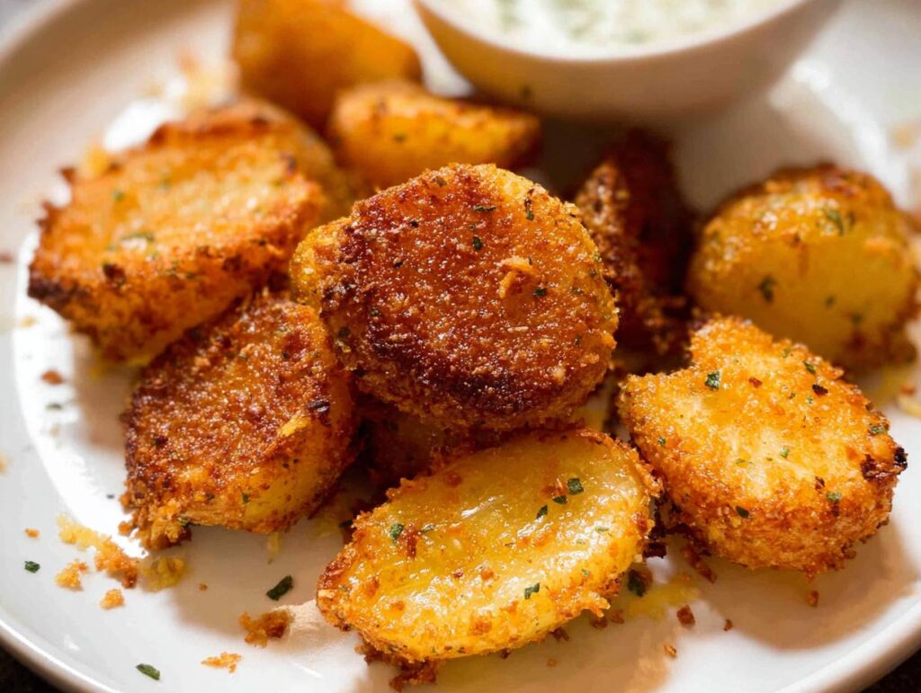 Close-up of golden brown, crispy Parmesan roasted baby potatoes sprinkled with herbs on a white plate.