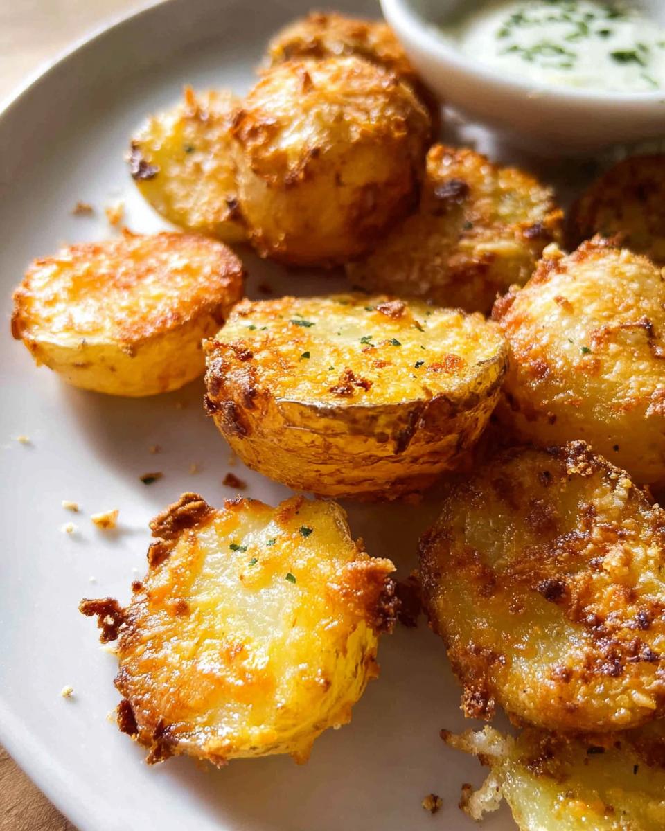 Close-up of golden brown Crispy Parmesan Roasted Baby Potatoes served on a white plate with a side of dipping sauce.