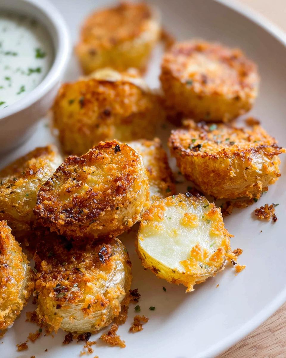 Close-up of golden brown Crispy Parmesan Roasted Baby Potatoes piled on a white plate next to a small bowl of dipping sauce.