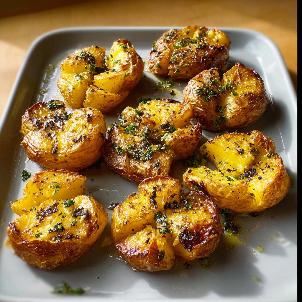Eight golden brown, crispy smashed potatoes drizzled with herbed butter and parsley on a grey platter.