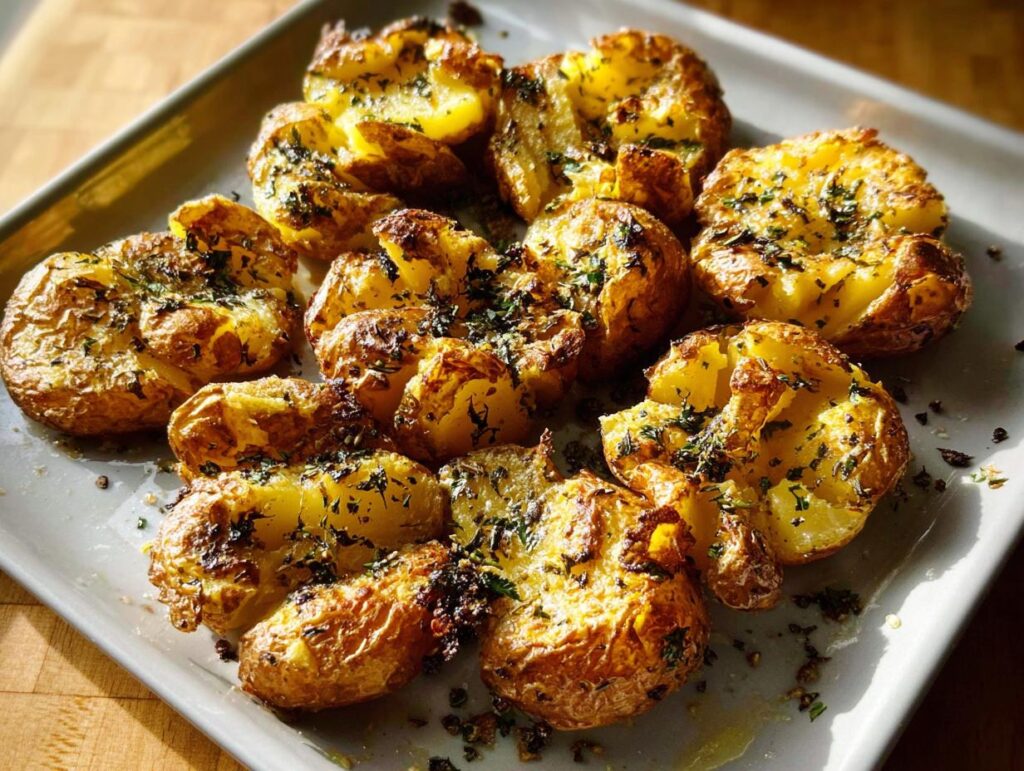 A platter of golden brown, crispy smashed potatoes generously topped with chopped green herbs.