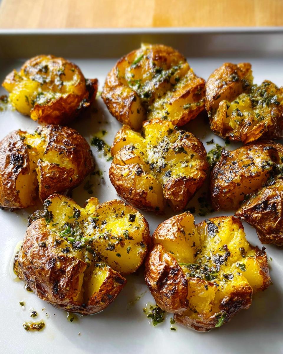 Close-up of golden brown, crispy smashed potatoes drizzled with herbed butter.
