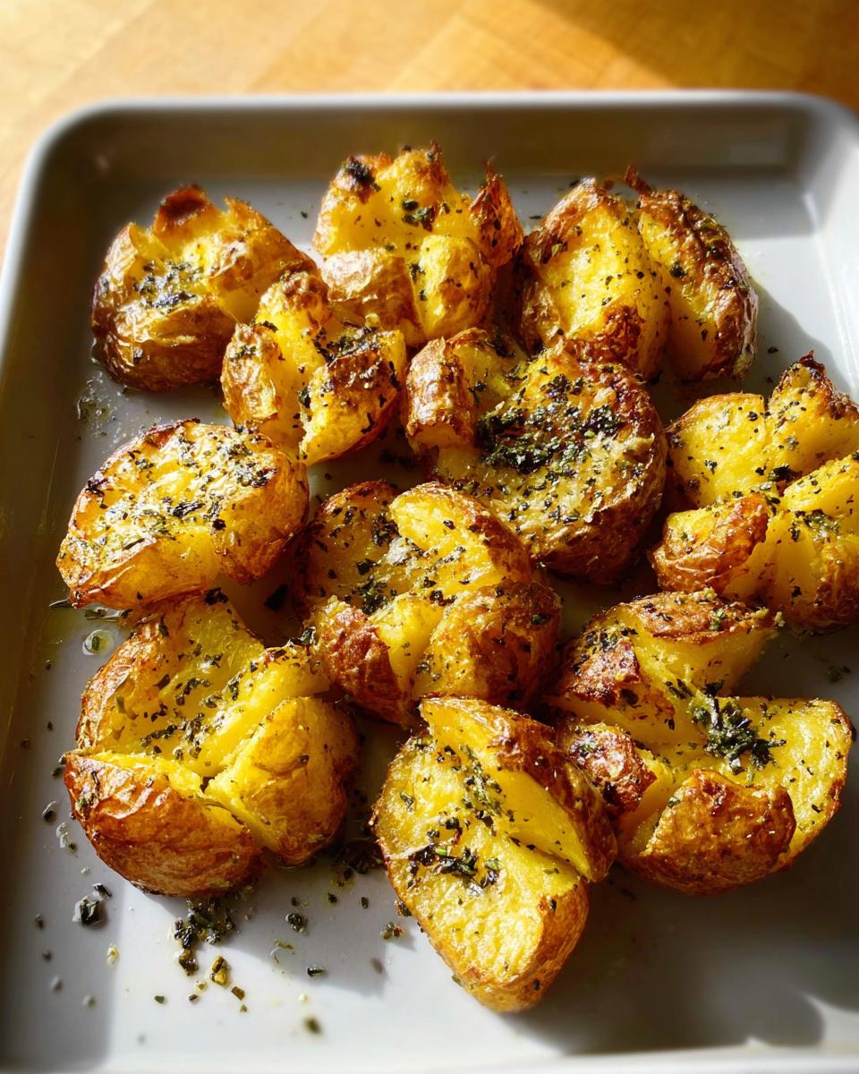 Close-up of golden brown Crispy Smashed Potatoes seasoned generously with dried herbs.