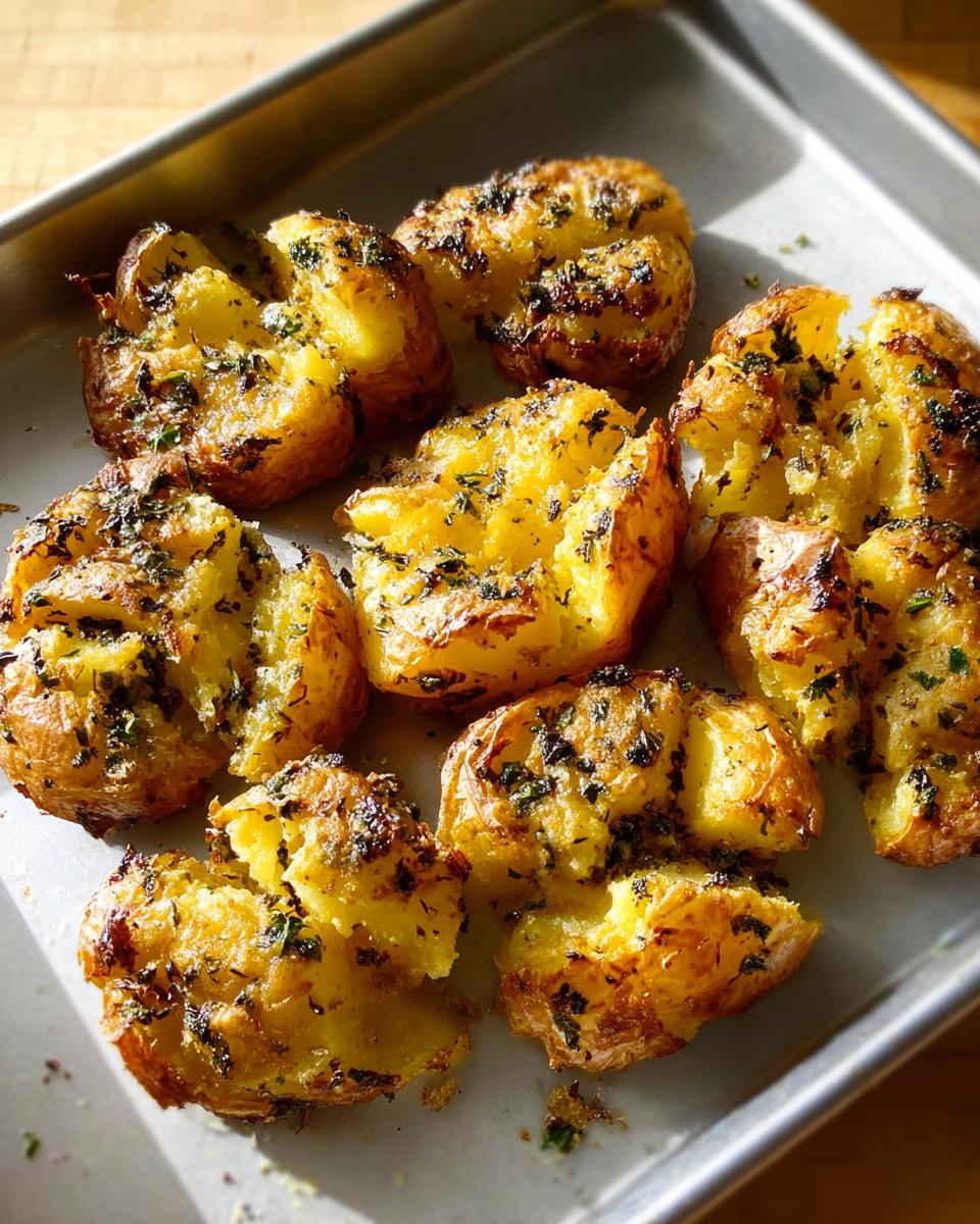 A close-up of perfectly golden and crispy smashed potatoes seasoned generously with herbed butter.