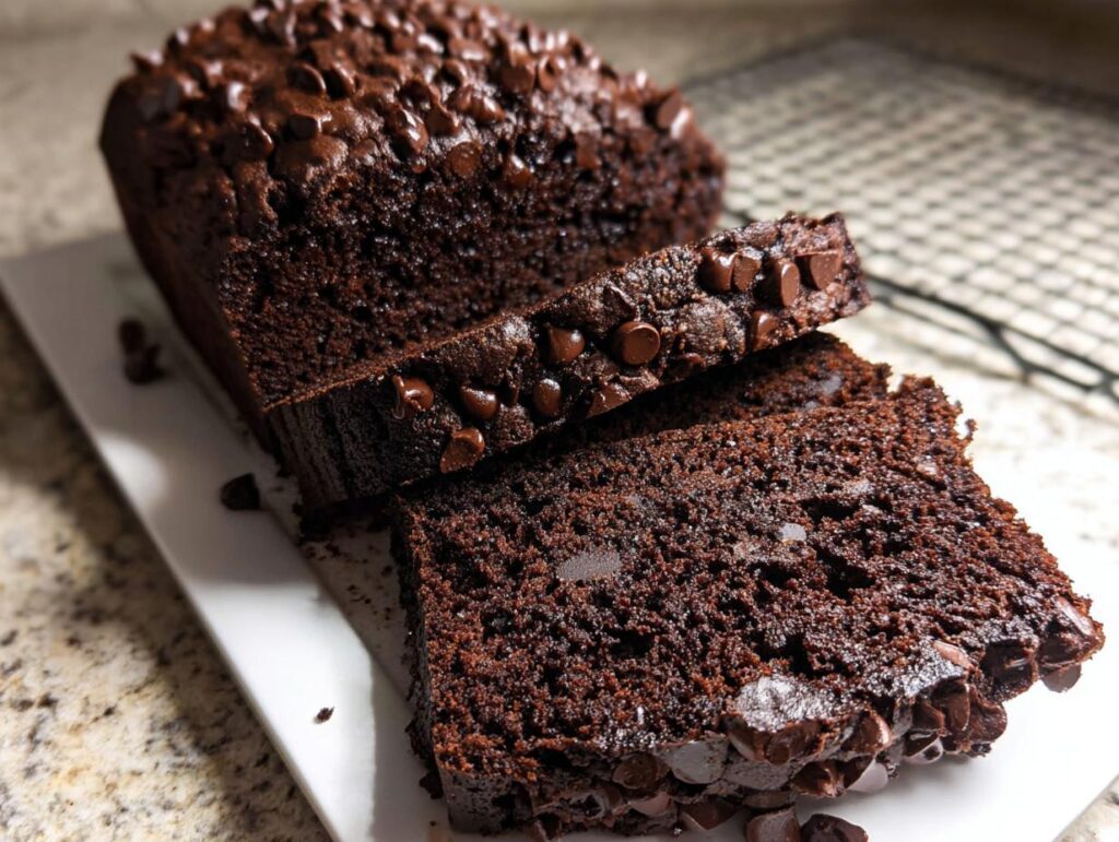 Close-up of rich, moist Double Chocolate Banana Bread, sliced and topped with melted chocolate chips.