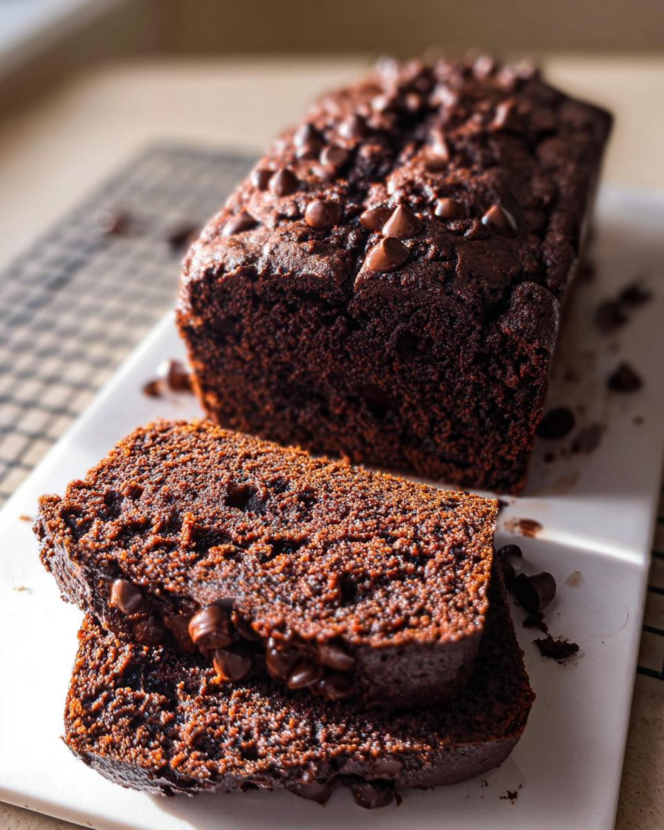 Close-up of sliced Double Chocolate Banana Bread, rich brown with visible chocolate chips throughout the crumb.