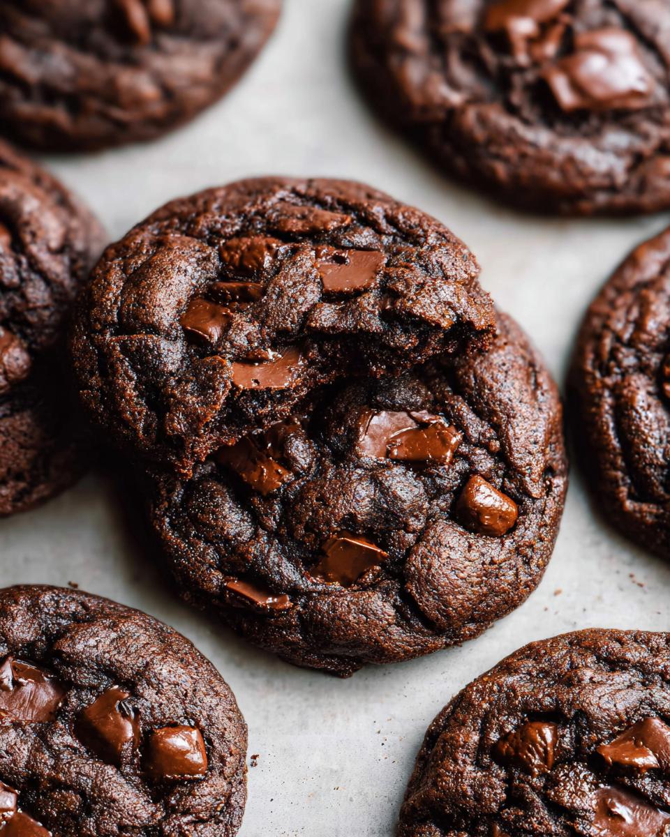 A close-up of rich, dark Double Chocolate Chunk Chocolate Chip Cookies, one of which has a bite taken out.