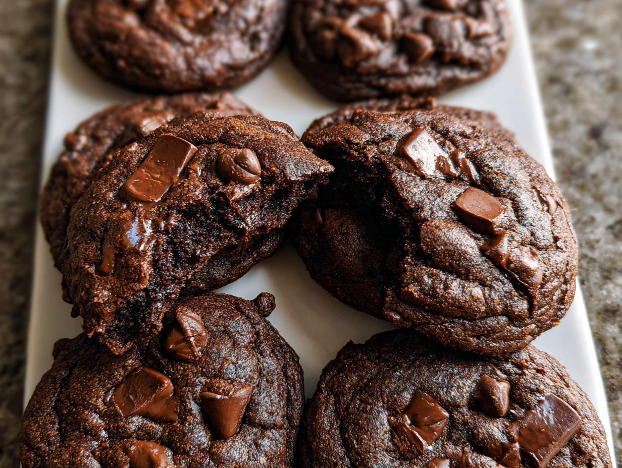 Close-up of gooey Double Chocolate Chunk Chocolate Chip Cookies, one broken open to show the rich, dark interior.