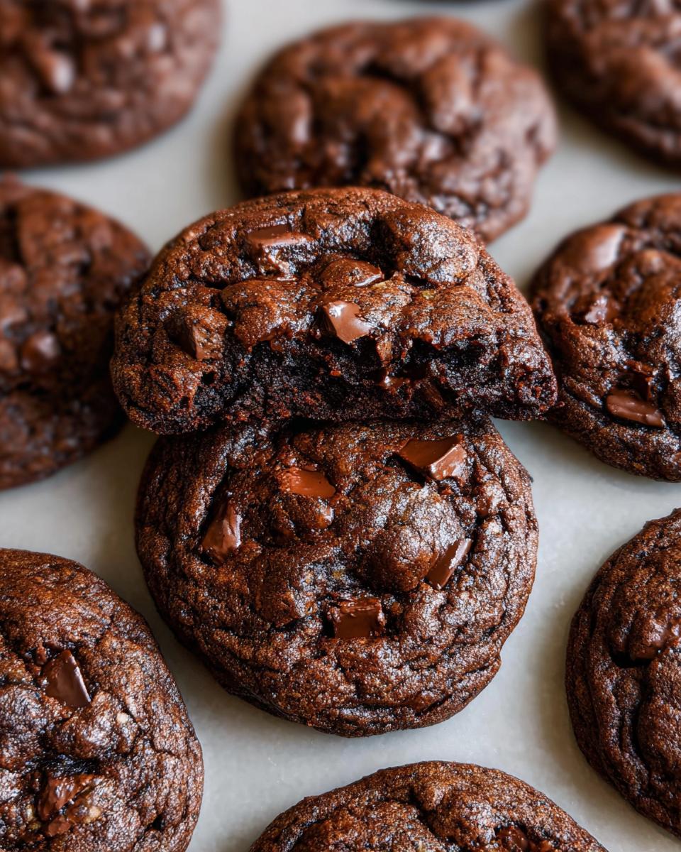 Close-up of two stacked Double Chocolate Chunk Chocolate Chip Cookies, one broken open to show the gooey center.