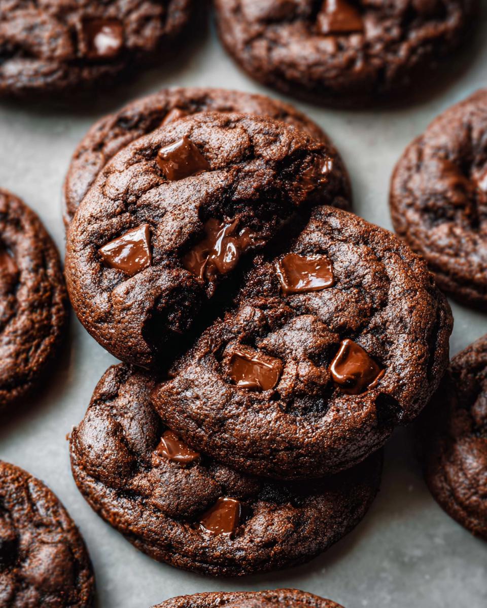 Close-up of rich, dark Double Chocolate Chunk Chocolate Chip Cookies, one broken open revealing gooey melted chocolate chunks.