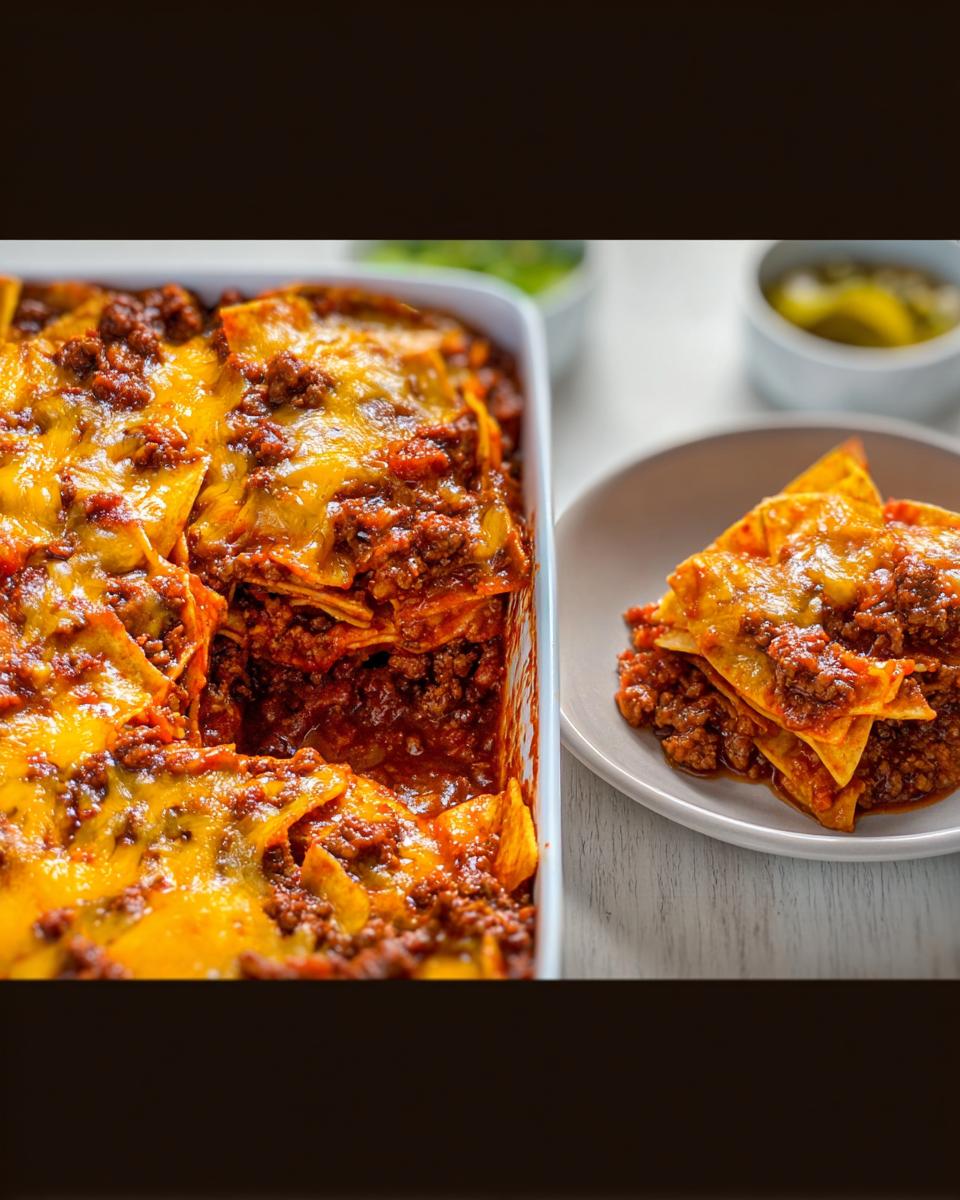A close-up of an Easy Beef Taco Casserole in a white baking dish next to a serving on a plate.