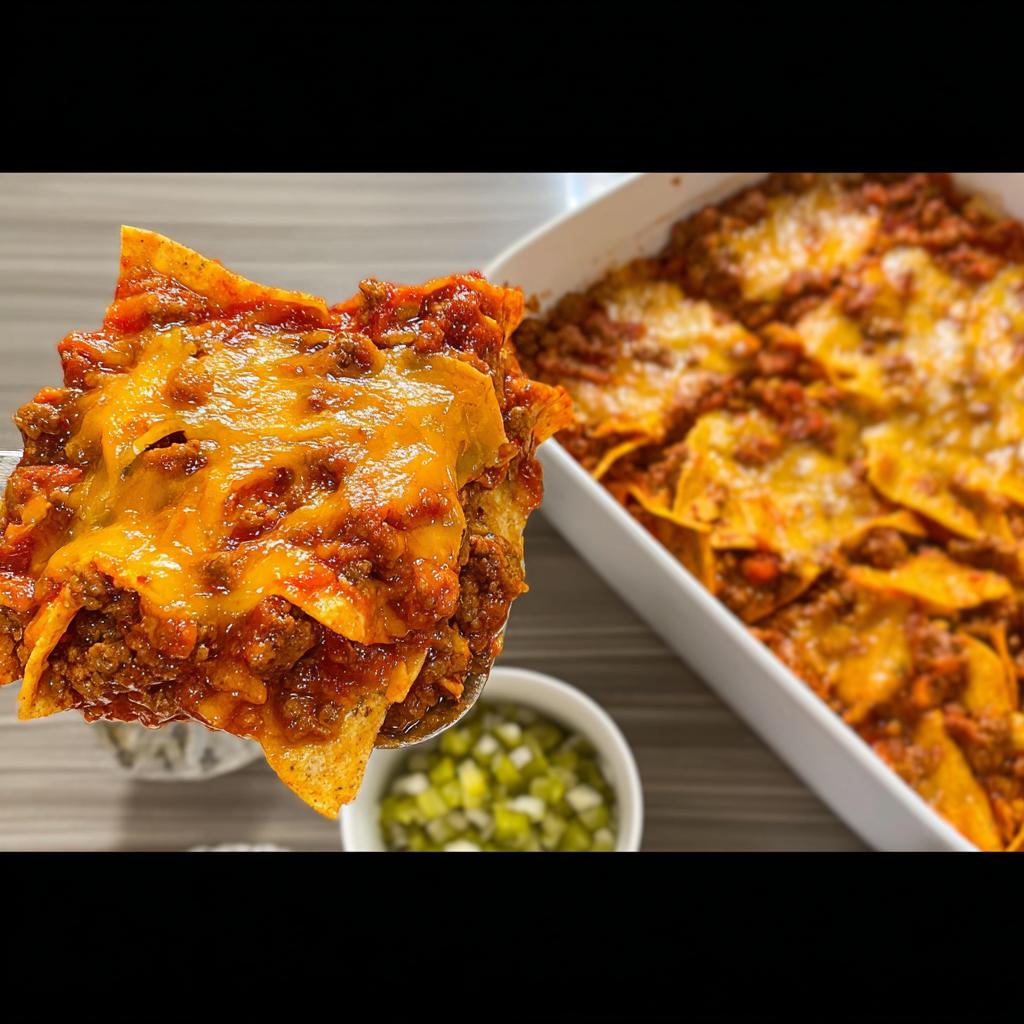 A spoonful of Easy Beef Taco Casserole featuring layers of tortilla chips, seasoned ground beef, and melted cheddar cheese.