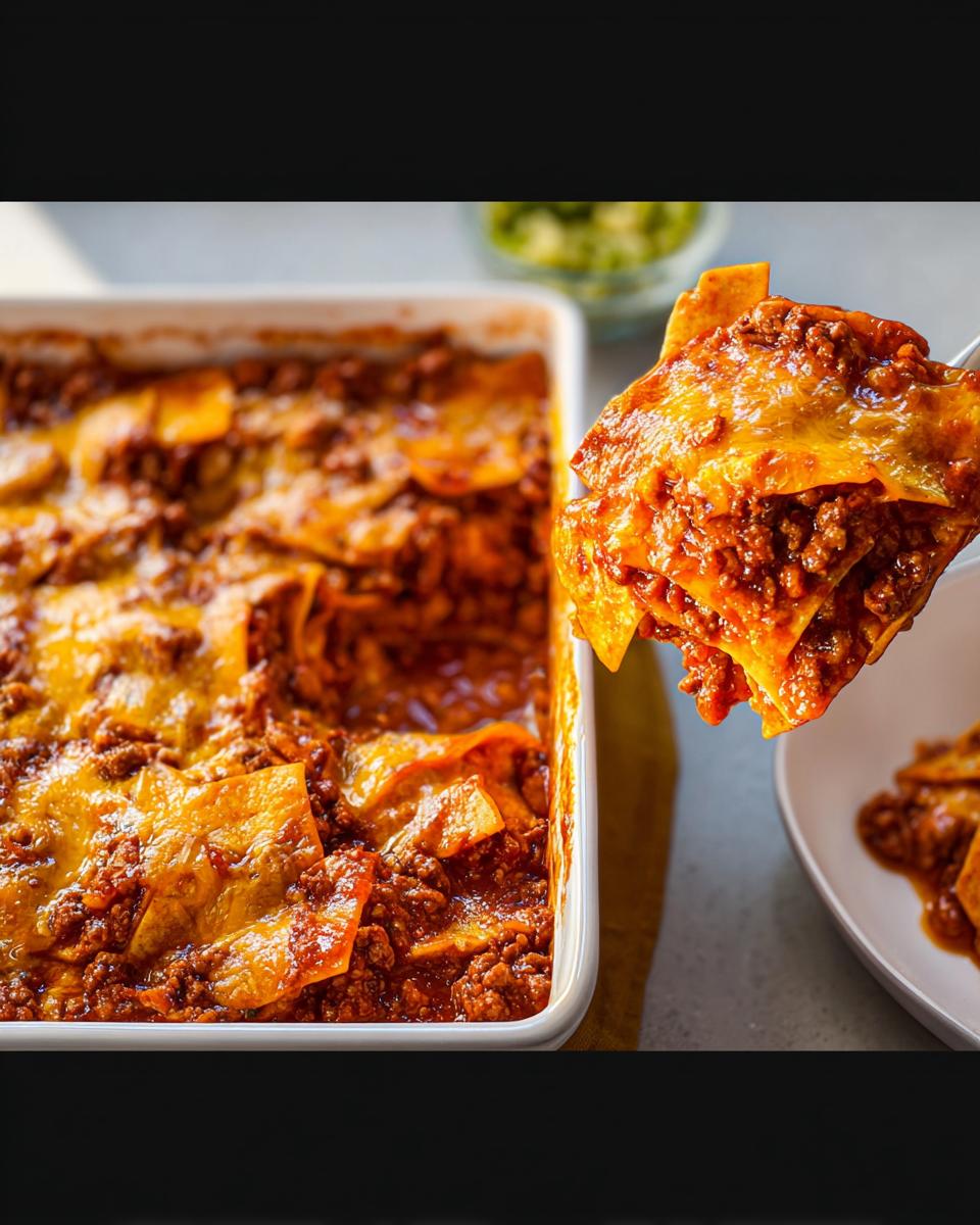 A serving spoon lifts a cheesy, saucy portion of Easy Beef Taco Casserole from the white baking dish.