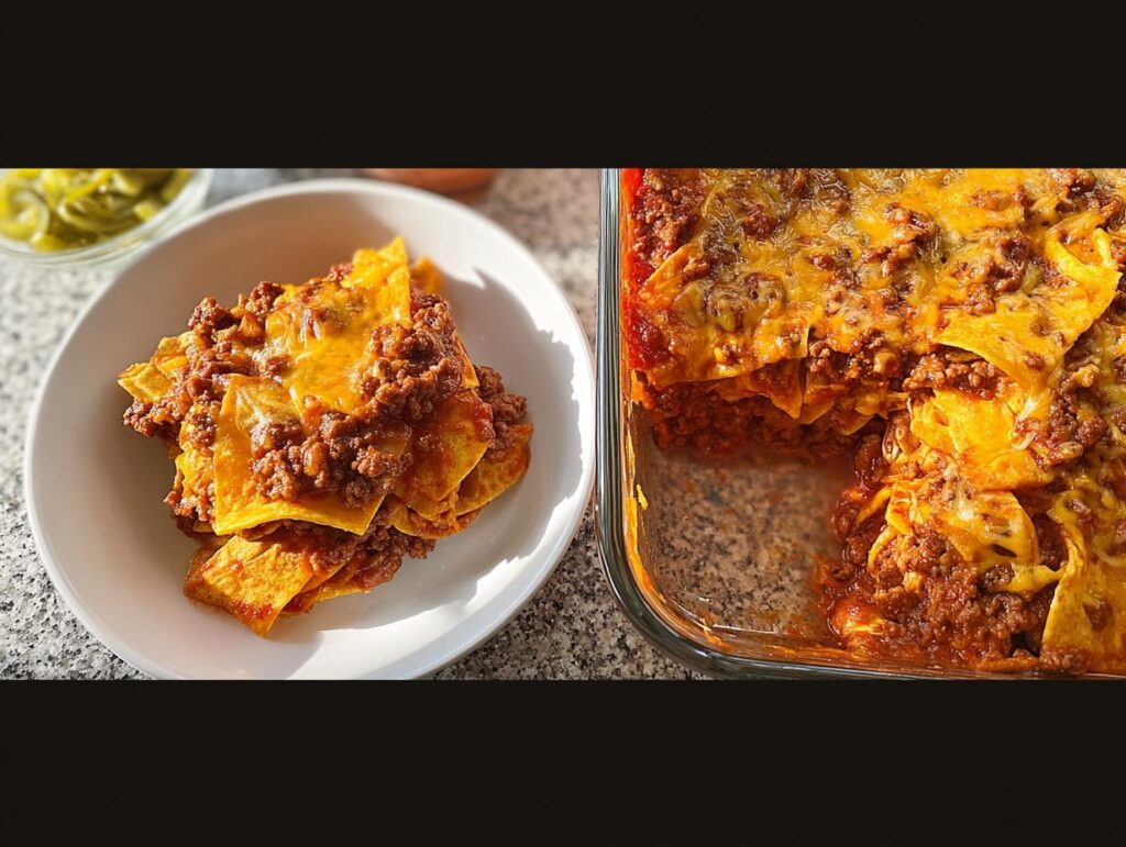 A serving of Easy Beef Taco Casserole on a white plate next to the baking dish showing melted cheese topping.