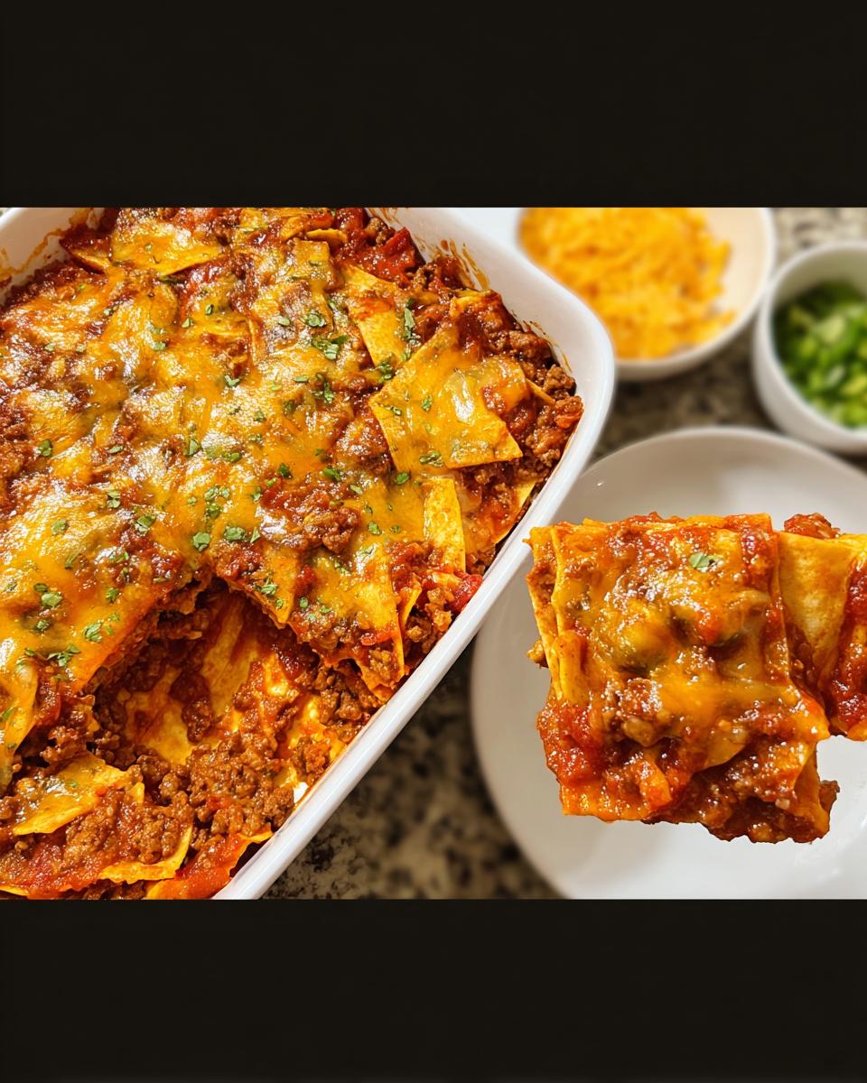 A portion of Easy Beef Taco Casserole being lifted from the baking dish, topped with melted cheese and herbs.