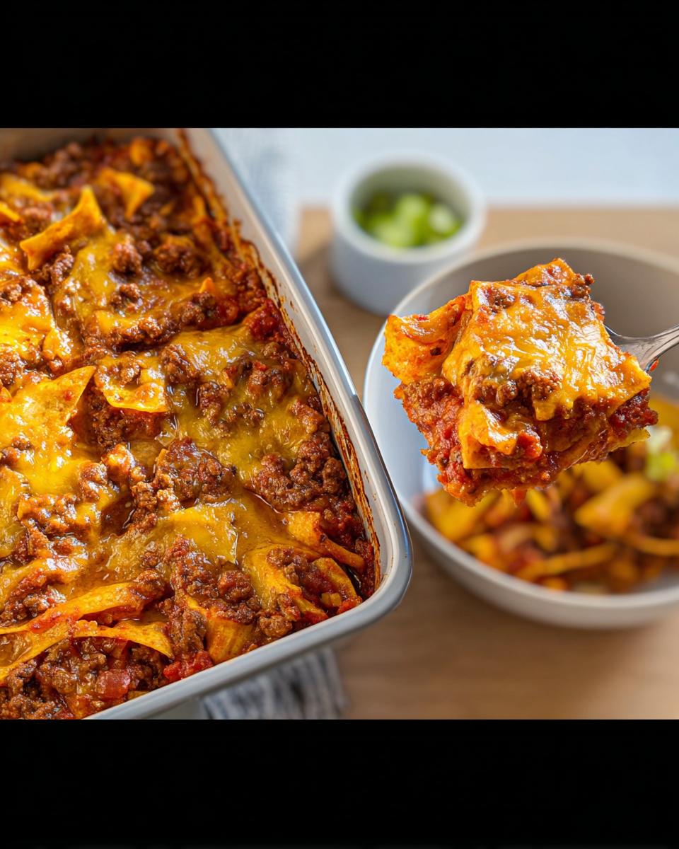 A spoonful of cheesy Easy Beef Taco Casserole being lifted from a baking dish next to a serving bowl.