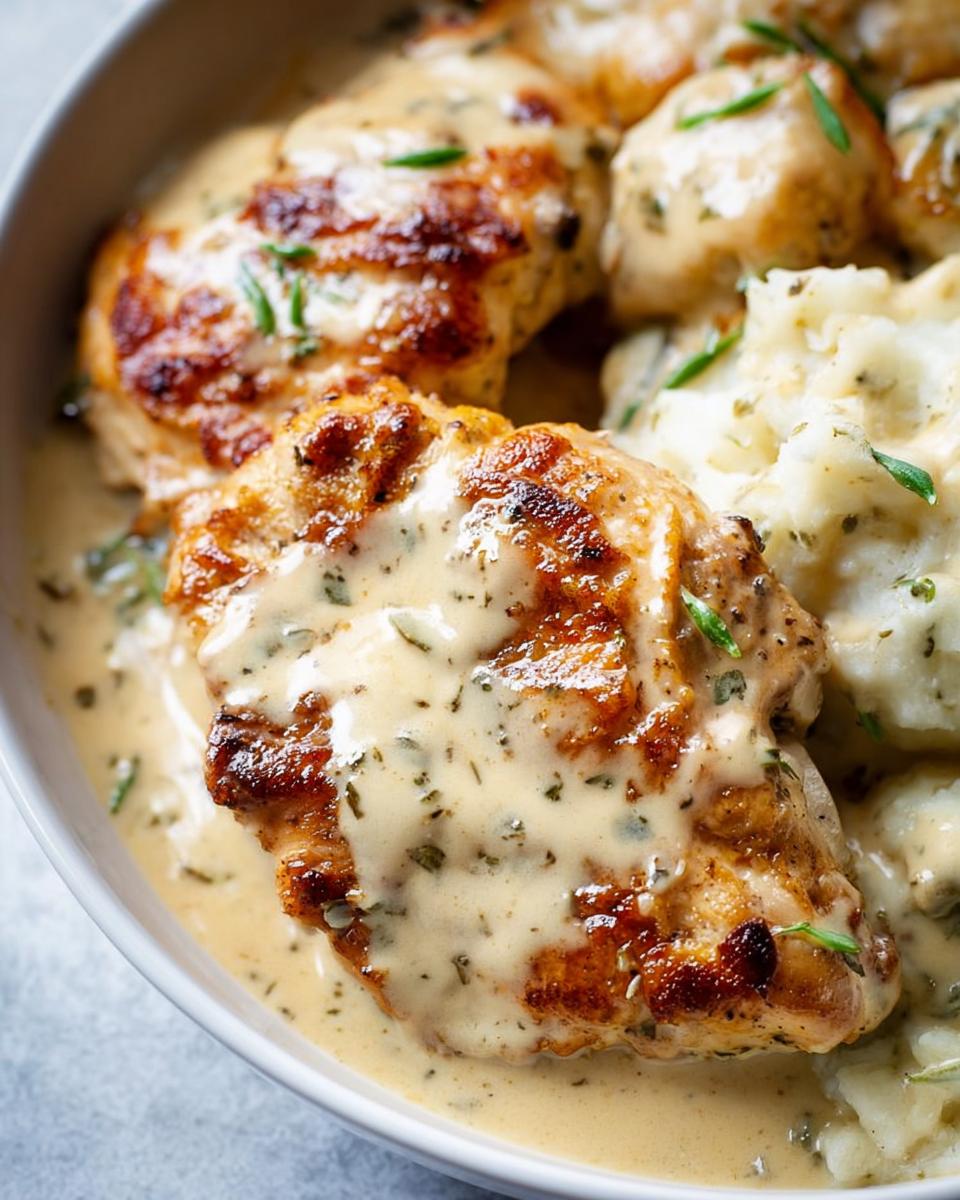 Close-up of seared chicken breasts covered in creamy ranch sauce, served with mashed potatoes.