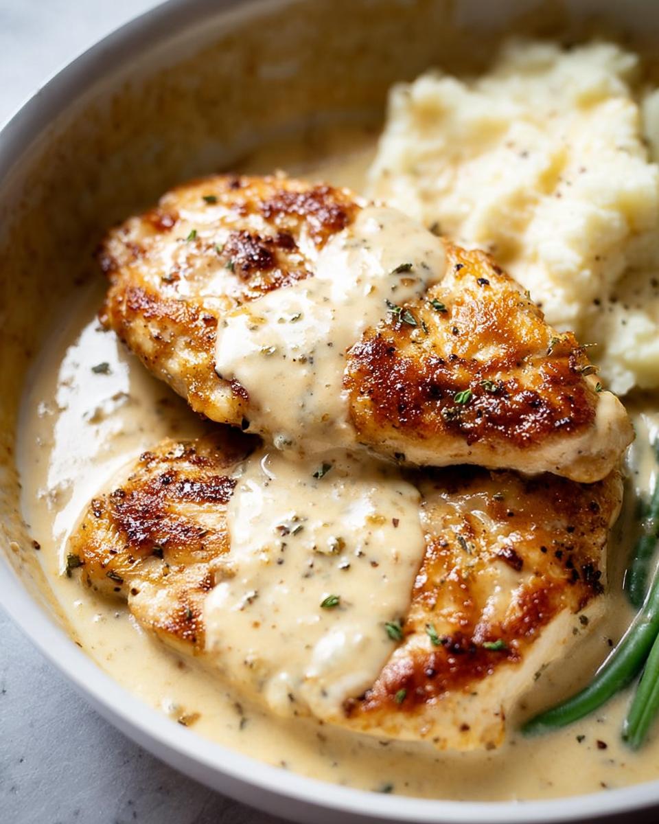 Two seared chicken breasts covered in creamy ranch sauce, served with mashed potatoes, part of the Easy Creamy Ranch Chicken recipe.