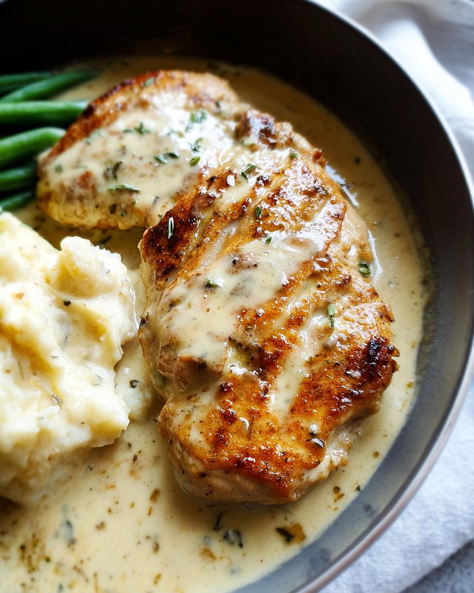 Close-up of seared Easy Creamy Ranch Chicken smothered in sauce, served with mashed potatoes and green beans.