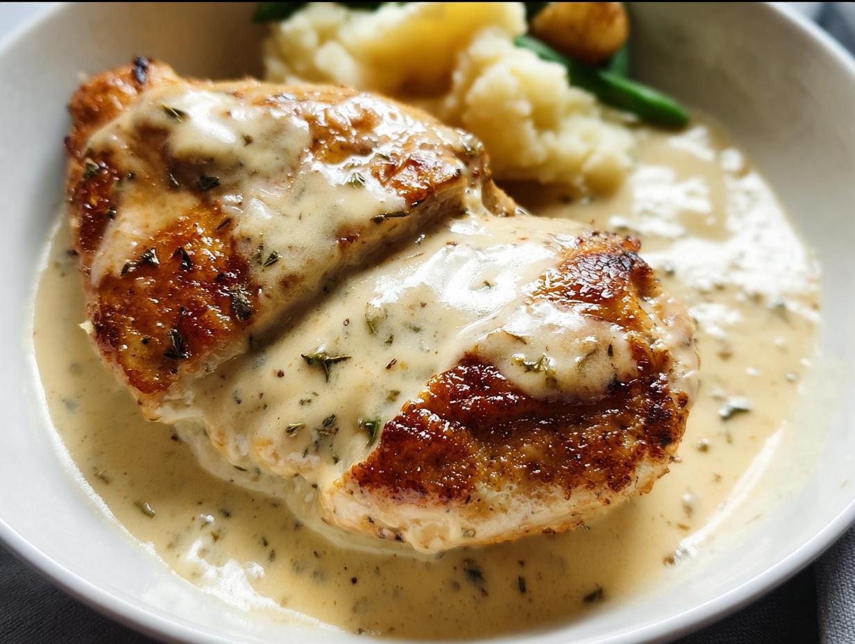 Close-up of a perfectly seared chicken breast covered in a creamy sauce, part of the Easy Creamy Ranch Chicken recipe.