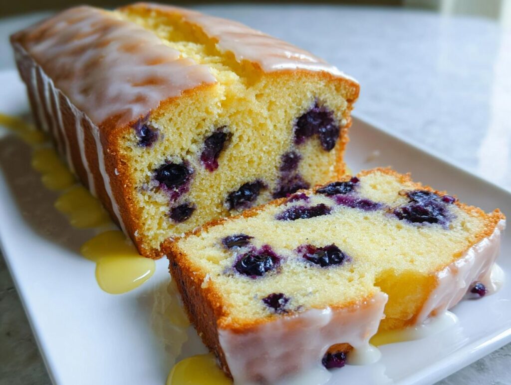 A loaf of Easy Lemon Blueberry Pound Cake, partially sliced, showing moist crumb and blueberries, topped with white glaze.