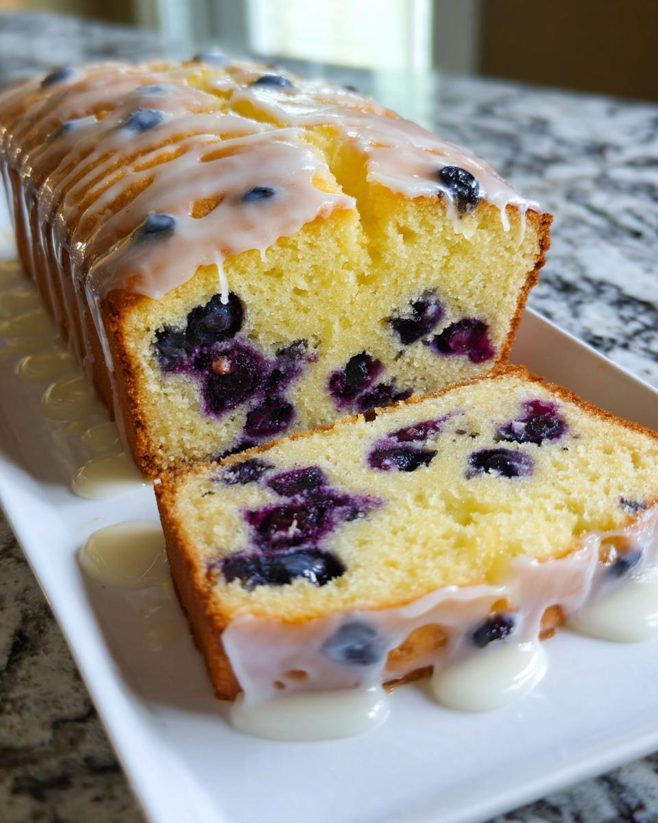 A close-up of Easy Lemon Blueberry Pound Cake, sliced and drizzled with sweet white lemon glaze.