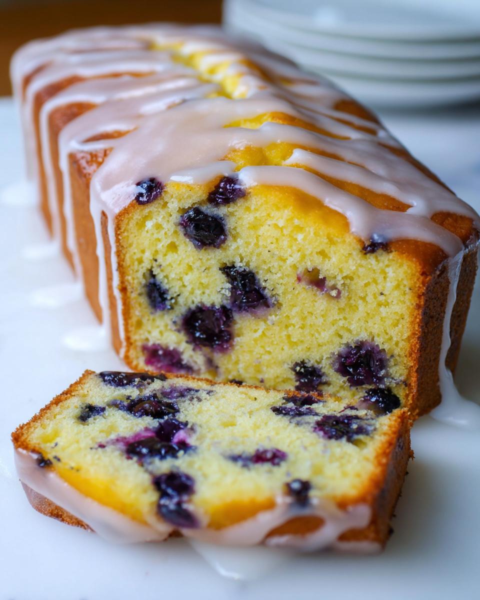 A close-up of an Easy Lemon Blueberry Pound Cake loaf, sliced to show moist interior packed with blueberries, topped with a lemon glaze.