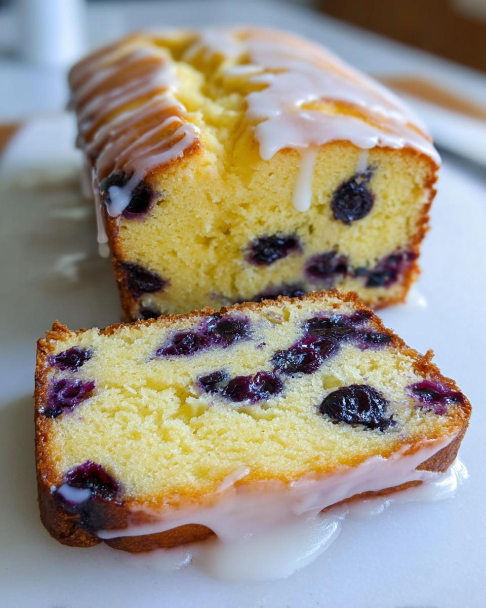 Close-up of a slice of Easy Lemon Blueberry Pound Cake showing moist crumb and blueberries, topped with dripping lemon glaze.