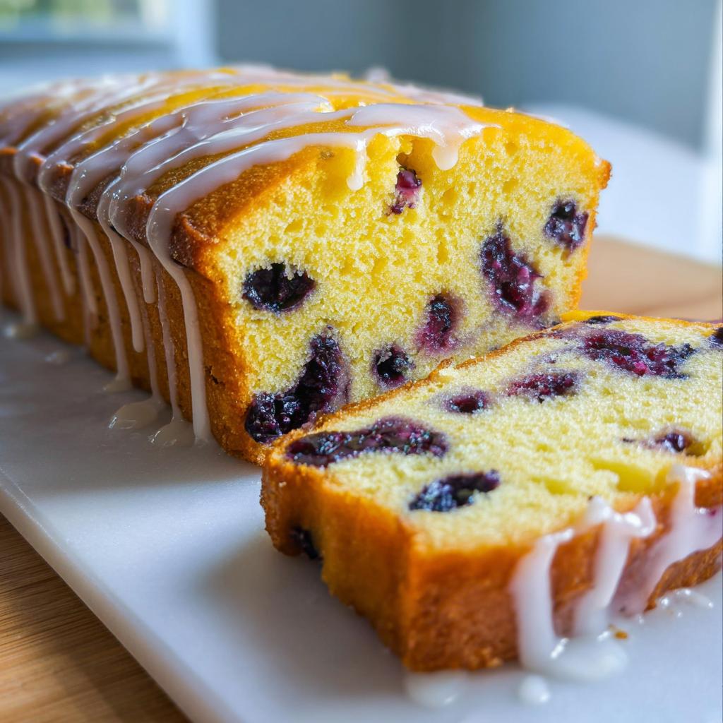 Close-up of Easy Lemon Blueberry Pound Cake, showing the moist crumb studded with blueberries and topped with a white lemon glaze.