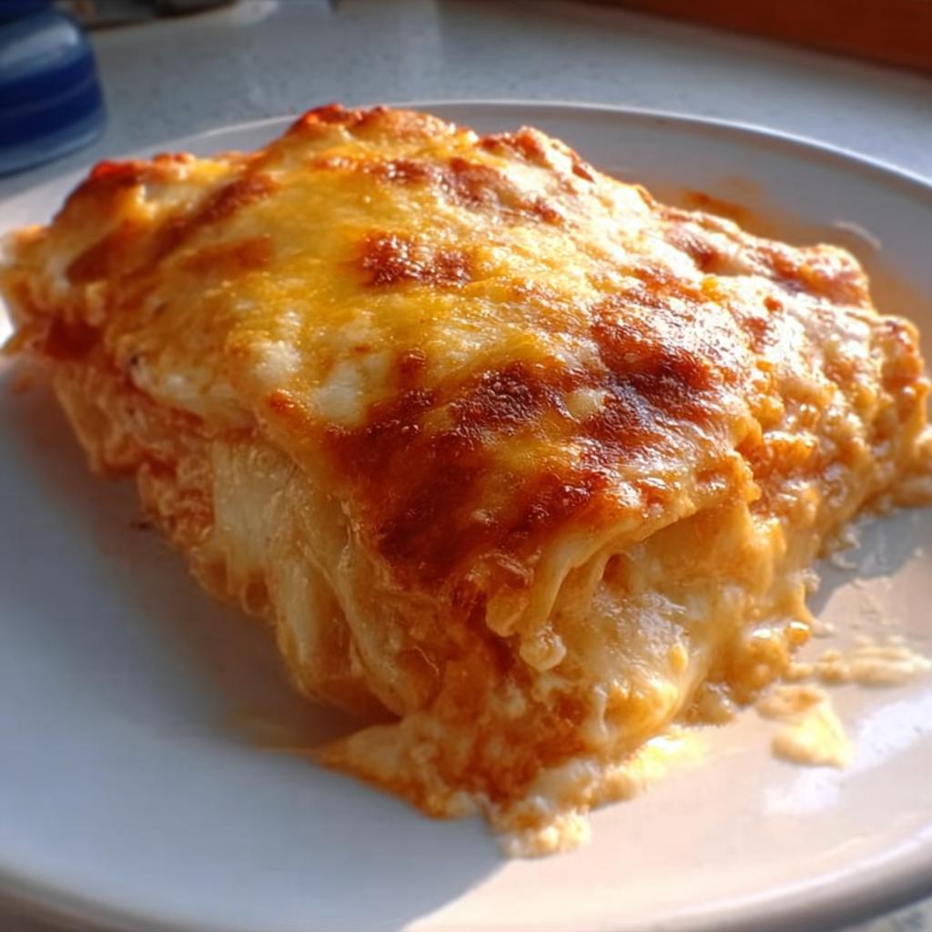 A close-up of a rich slice of Extra Cheesy Four Cheese Lasagna with a bubbly, golden-brown cheese topping.