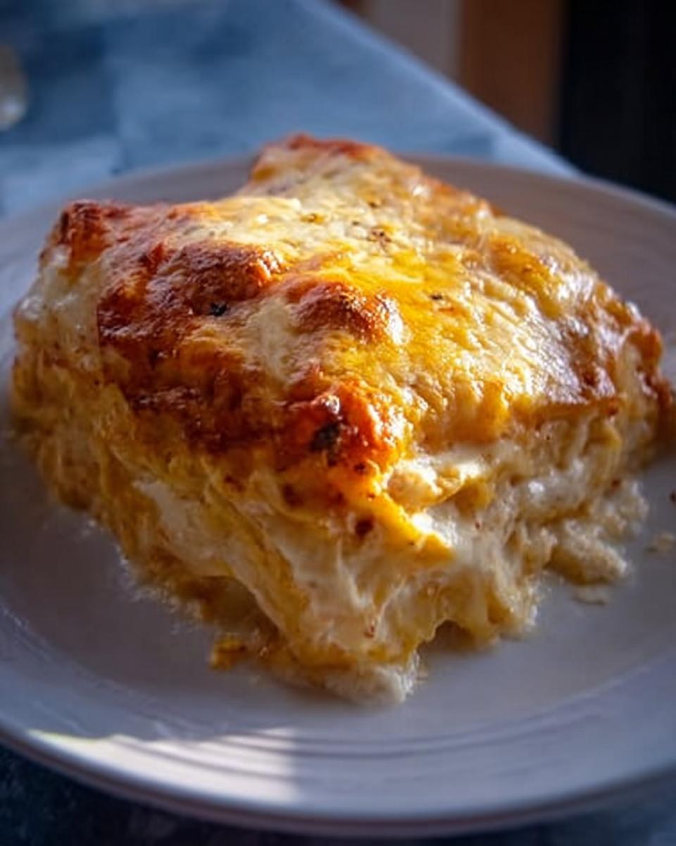 A generous slice of Extra Cheesy Four Cheese Lasagna with a golden, bubbly cheese top.