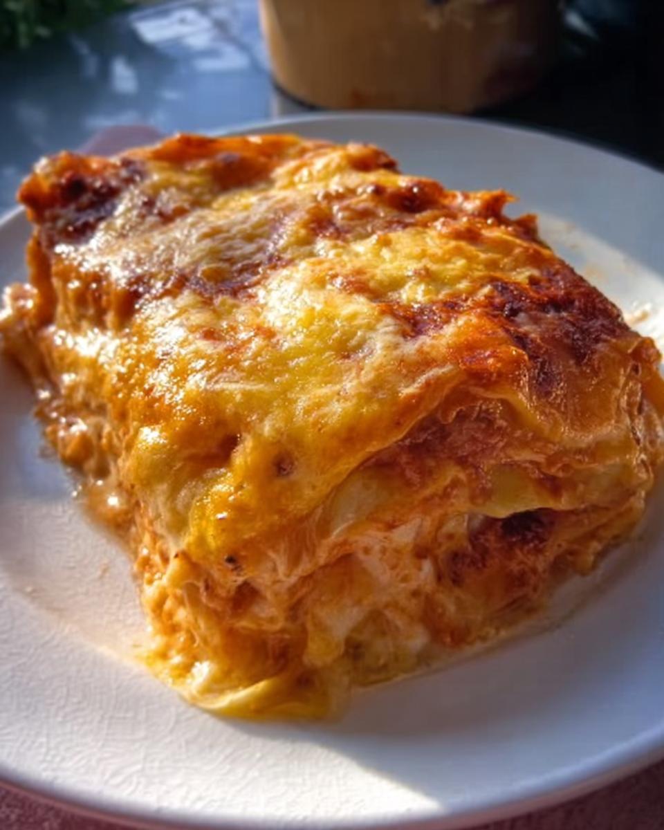 A close-up of a generous slice of Extra Cheesy Four Cheese Lasagna with a golden, bubbly, and browned cheese top.