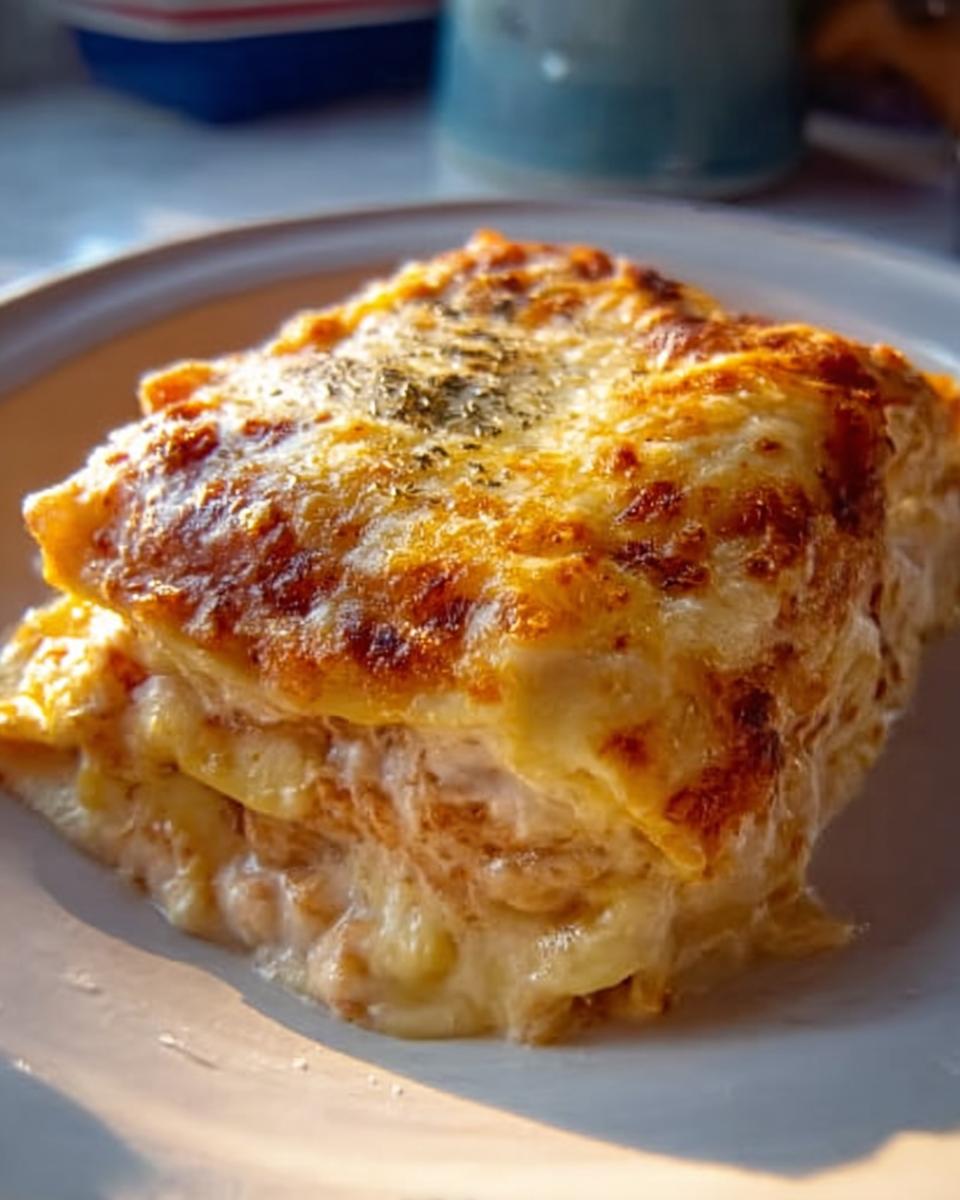 A generous slice of Extra Cheesy Four Cheese Lasagna showing melted, bubbling cheese layers and herbs on top.