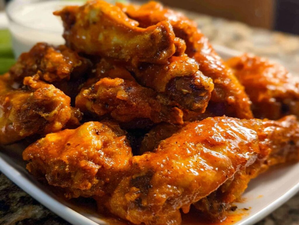 Close-up of a pile of Extra Crispy Baked Buffalo Chicken Wings coated in vibrant orange sauce.