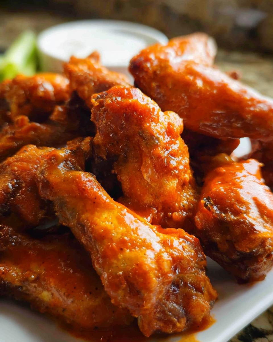 A close-up shot of several glistening, saucy Extra Crispy Baked Buffalo Chicken Wings piled on a white plate.