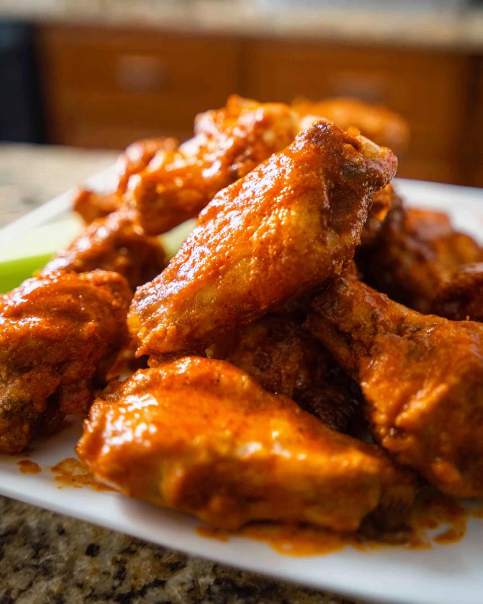 A close-up of several saucy, Extra Crispy Baked Buffalo Chicken Wings piled on a white plate.