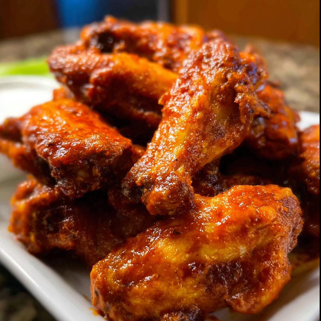 Close-up of a pile of glossy, saucy Extra Crispy Baked Buffalo Chicken Wings on a white plate.