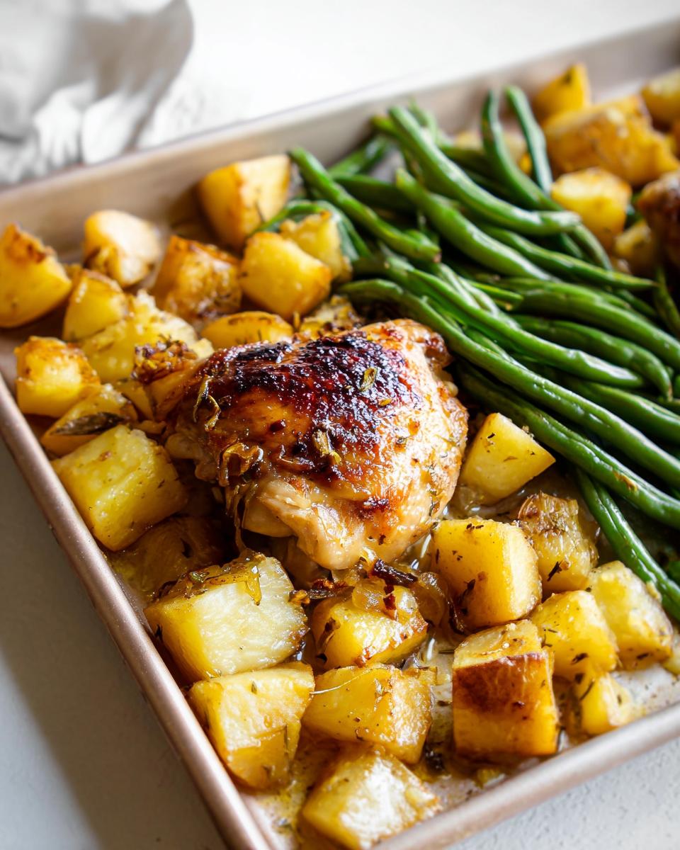 A crispy Garlic Butter Baked Chicken Thighs and Potatoes served with green beans on a sheet pan.
