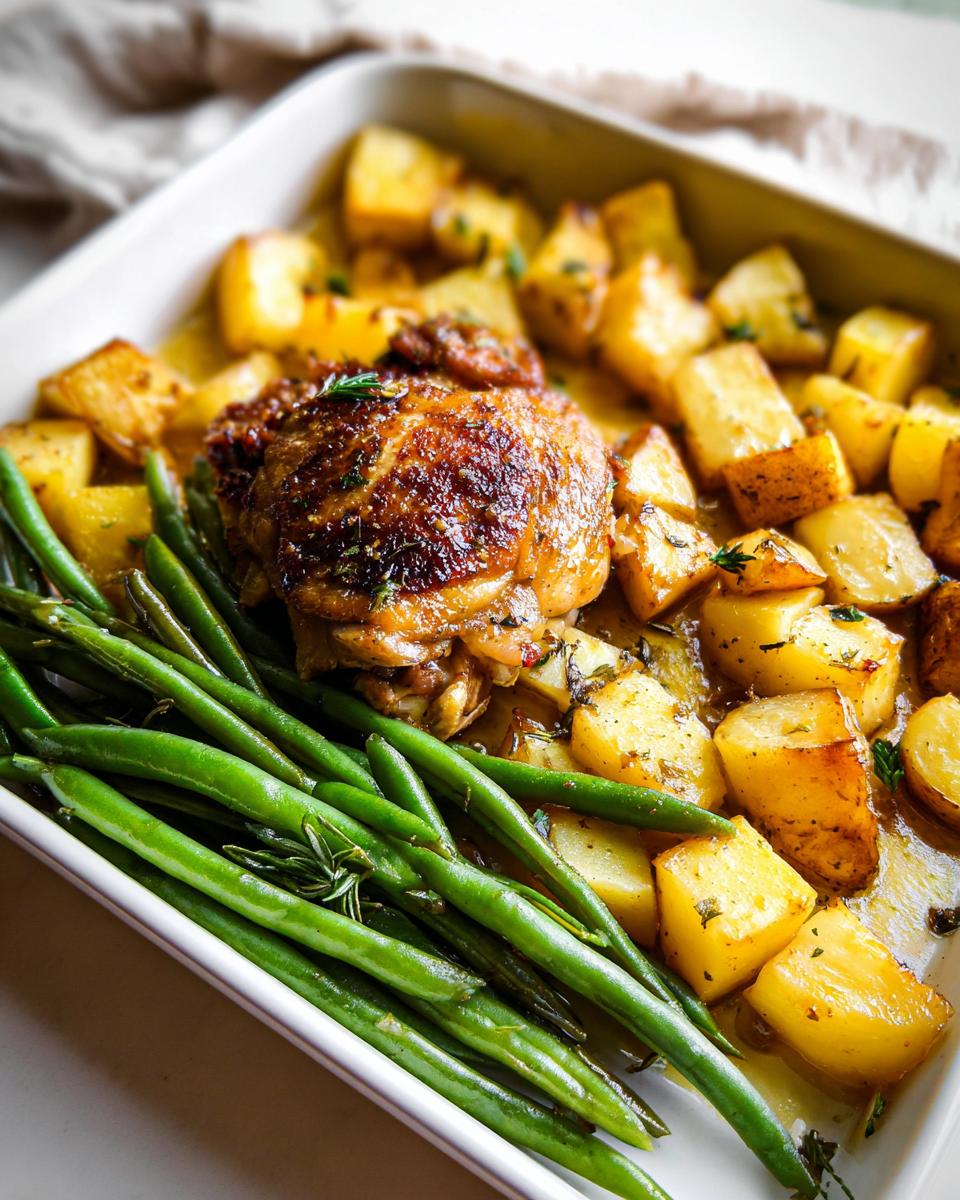 A baked chicken thigh with crispy skin served with roasted potatoes and fresh green beans, coated in garlic butter sauce.