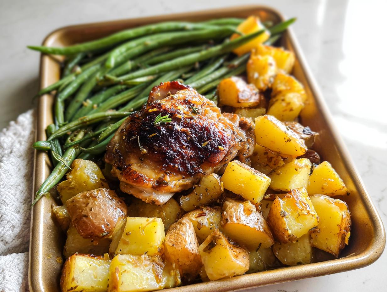 A crispy Garlic Butter Baked Chicken Thighs served with roasted potatoes and green beans on a golden sheet pan.