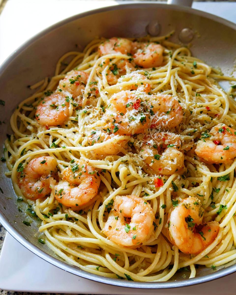 Close-up of Garlic Butter Shrimp Pasta tossed with shrimp, parsley, and grated cheese in a metal skillet.