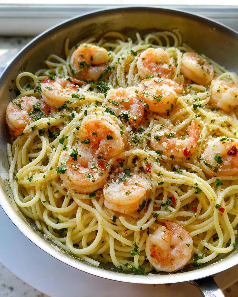 Close-up of Garlic Butter Shrimp Pasta tossed with herbs and Parmesan cheese in a metal skillet.