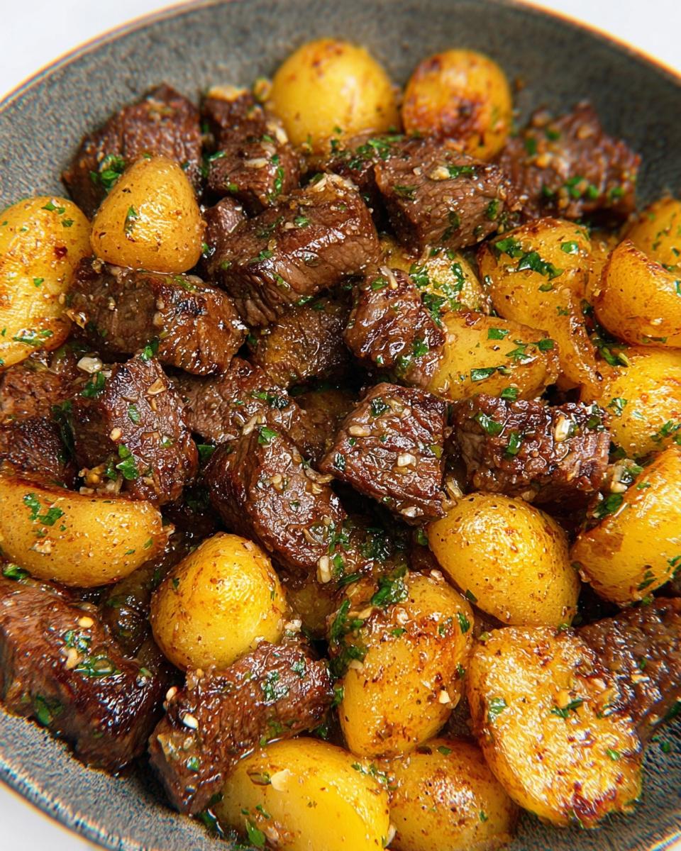 Close-up of juicy Garlic Butter Steak Bites with golden roasted potatoes, coated in garlic and parsley.