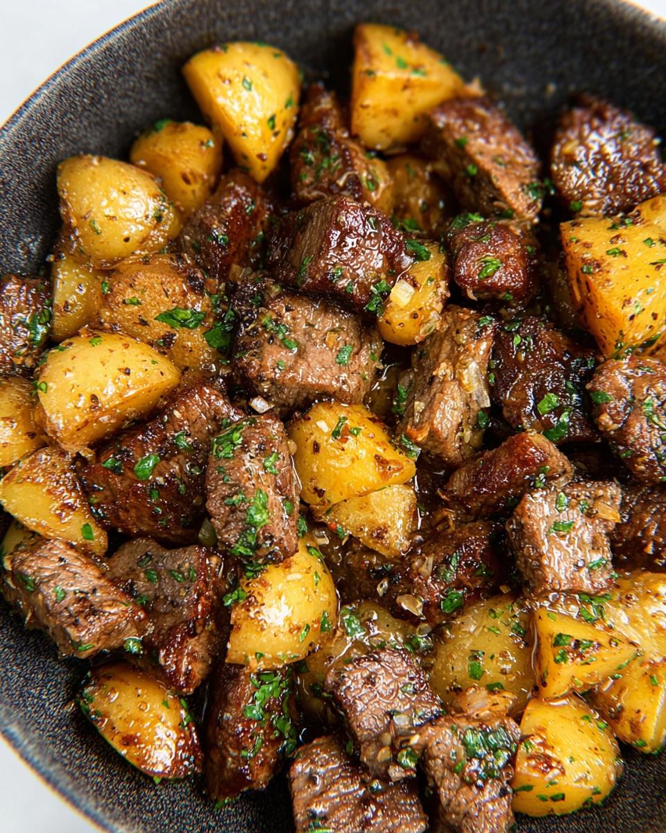 Close-up of juicy Garlic Butter Steak Bites with Potatoes coated in a savory sauce and garnished with parsley.