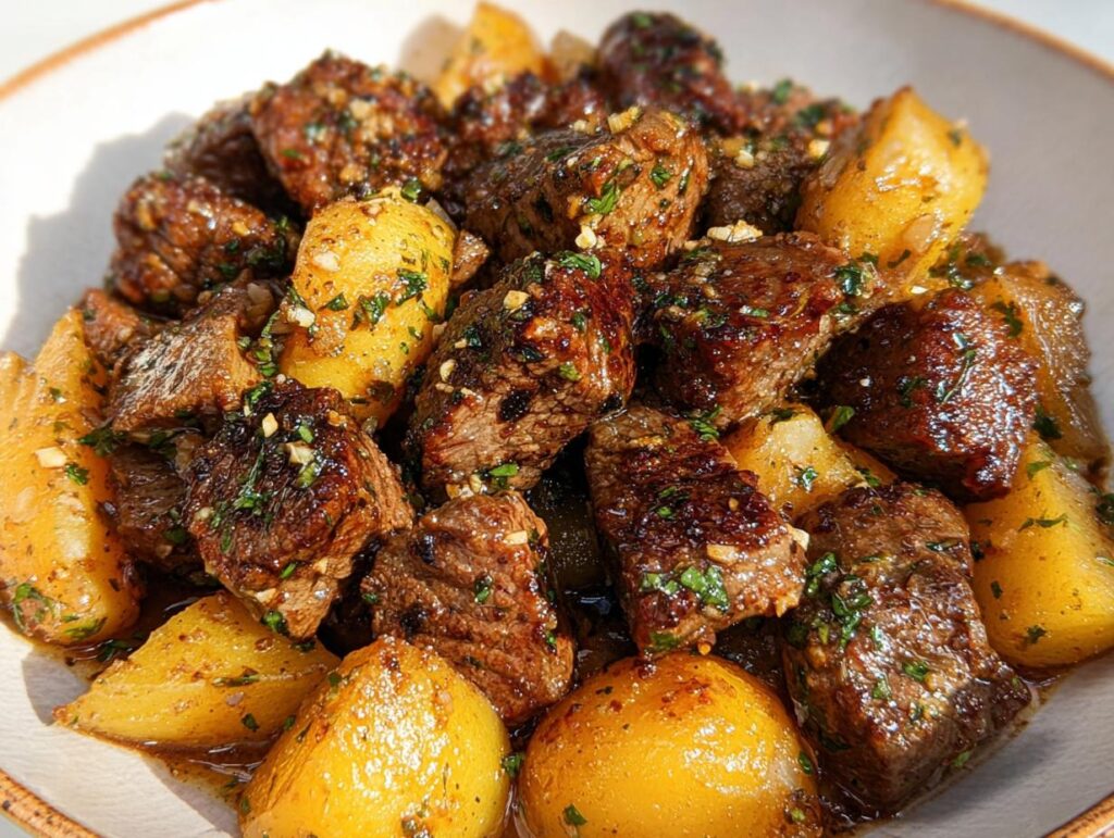 Close-up of juicy Garlic Butter Steak Bites with golden potatoes coated in a rich sauce and fresh herbs.